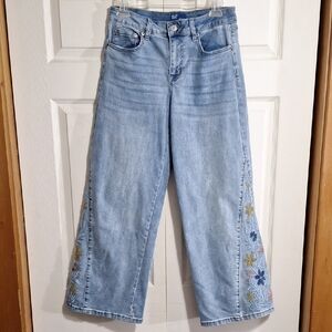 Project Indigo Floral-Trim Wide Leg Denim Jeans - 6 - Light Blue